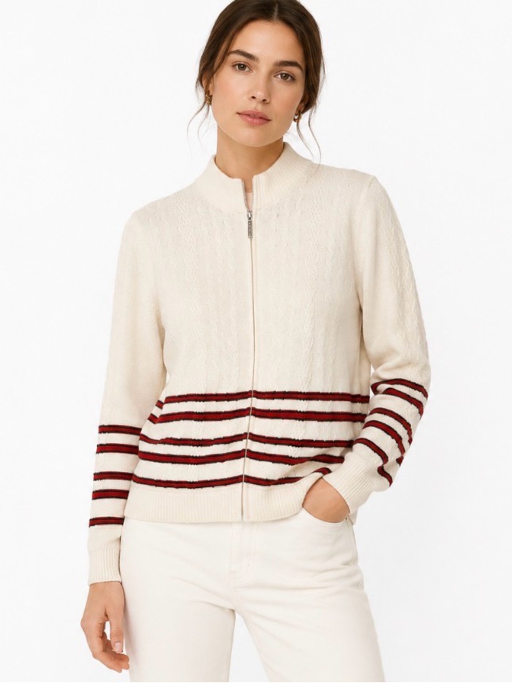 Vtg St. John Sport Santana Knit Zip Textured Cream Cardigan W/ Red S